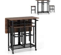 GIANTEX Ensemble Table à Manger Pliable avec 2 Chaises-Table Extensible à 3 Etages- 5 Roues+Etagère-Vin- Chariot de Rangement- Brun