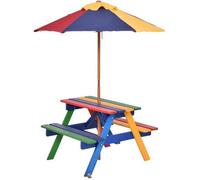 GIANTEX Ensemble Table de Jardin et 2 Bancs en Bois avec Parasol Amovible pour Enfants,Salon de Jardin/Table Pique-Nique Extérieur