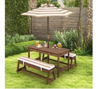 GIANTEX Ensemble Table de Jardin et 2 Bancs Enfant en Bois avec Parasol Amovible /Réglable,Table Pique-Nique en Extérieur,Brun+Café