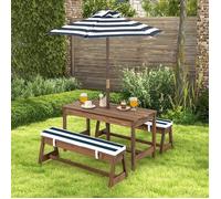 GIANTEX Ensemble Table de Jardin et 2 Bancs Enfant en Bois avec Parasol Amovible /Réglable,Table Pique-Nique en Extérieur,Brun+Bleu