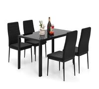 GIANTEX Ensemble table et 4 chaises de salle à manger, table avec plateau en verre et pieds en métal et chaises tapissées en cuir artificiel pour cuisine et restaurant