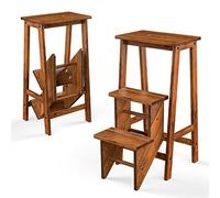 GIANTEX Escabeau 3 Marches en Bois d’Hévéa, Poignée Confortable, Marche Pied Pliable 3 en 1, Larges Antidérapantes, Charge 270 kg, Tabouret Bois pour Maison, Bureau (Marron, 57 x 41 x 76 cm)
