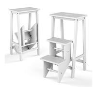 GIANTEX Escabeau 3 Marches en Bois d’Hévéa, Poignée Confortable, Marche Pied Pliable 3 en 1, Larges Antidérapantes, Charge 270 kg, Tabouret Bois pour Maison, Bureau (Blanc, 57 x 41 x 76 cm)
