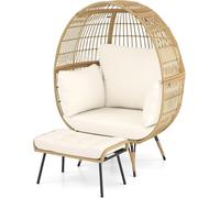 GIANTEX Fauteuil de salon d'extérieur en rotin, fauteuil en osier avec tabouret, fauteuil papasan d'extérieur avec coussin, fauteuil en rotin avec structure en métal, fauteuil d'extérieur XXL pour