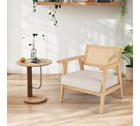 GIANTEX Fauteuil Salon en Bois d'Hévéa, Dossier en Rotin PE, Coussin en Velour Côtelé, Chaise Bois avec Accoudoirs, Patins Antidérapants, Fauteuil Rotin Scandinave pour Salon, Bureau, Naturel