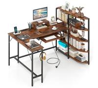 GIANTEX Grand Bureau avec Rangement, Station de Charge, Bureau Gaming en L avec Bibliothèque à 5 Niveaux, Support pour Moniteur, Crochet pour Casque, Tiroir pour Clavier, Cadre en Métal, Marron