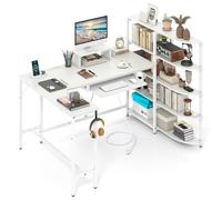 GIANTEX Grand Bureau avec Rangement, Station de Charge, Bureau Gaming en L avec Bibliothèque à 5 Niveaux, Support pour Moniteur, Crochet pour Casque, Tiroir pour Clavier, Cadre en Métal, Blanc