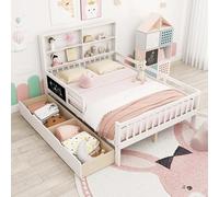 GIANTEX Lit Enfant 140 x 200 cm avec Tableau Noir, Barrière de Sécurité, Tête de Lit avec Bibliothèque à 2 Niveaux, 2 Grands Tiroirs, Sommier à Lattes, Charge 220 kg, pour 2 Personnes, Blanc