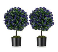 GIANTEX Lot de 2 arbres de buis avec roses violettes, plantes artificielles en pot avec boules d'arbustes de buis, protection solaire, plantes décoratives pour entrée, salon, balcon
