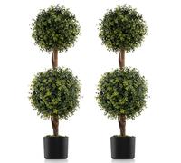 GIANTEX Lot de 2 arbres topiaires artificiels de buis, fausses plantes avec feuilles réalistes en PE et tronc simulé, pot de ciment et couverture de mousse, plante pour entrée, salon