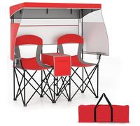 GIANTEX Lot de 2 chaises de camping pliables avec toit pare-soleil, mini table, sac isotherme et porte-gobelet, chaise pliante pour 2 personnes, modèle 2 rouges