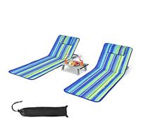 GIANTEX Lot de 2 Matelas de Plage Pliables et Table d’Appoint, Chaises Longue de Plage Réglables en 5 Positions avec Appui-Tête Amovible, Poche pour Jardin, Plage, Camping (Coloré)