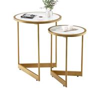 GIANTEX Lot de 2 tables d'appoint empilables, surface de table avec effet marbre, base triangulaire en métal, tables basses rondes pour salon, chambre à coucher, blanc et doré