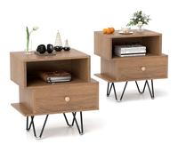 GIANTEX Lot de 2 Tables de Chevet avec Tiroirs Interchangeables, Table de Nuit avec Pieds en Métal Surélevés, Design Asymétrique, Meuble de Chevet avec Compartiment de Rangement pour Chambre, Salon