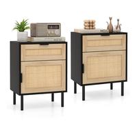 GIANTEX Lot de 2 Tables de Chevet Cannage, Table de Nuit avec 1 Tiroir et 1 Porte, Pieds en Métal Robuste, Chevet de Lit en Rotin, Style Bohème, Grande Capacité pour Salon, Chambre, Bureau(Noir)