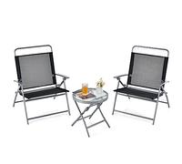 GIANTEX Lot de 3 meubles de bistrot pliables avec 2 chaises et 1 table d'appoint ronde, résistant aux intempéries, avec cadre en métal, pour jardin, terrasse et balcon, noir