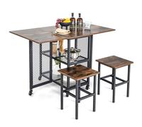 GIANTEX Lot de 3 tables de salle à manger extensibles pliables avec 2 tabourets, roues verrouillables, 2 étagères de rangement en maille, pour petits endroits