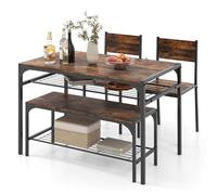 GIANTEX Lot de 4 tables de salle à manger rectangulaires avec 2 chaises, 1 banc, étagères, cadre en métal résistant, salle à manger, cuisine (marron rustique)