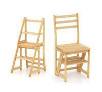 GIANTEX Marche Pied Bois en Bambou 3 en 1, Escabeau Pliable, Chaise avec Dossier Haut, Support pour Plantes, Patin Anti-dérapant, Échelle Jusqu'à 150 kg, pour Bibliothèque, Cuisine, Bureau, Naturel