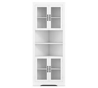 GIANTEX Meuble Colonne Salle de Bain, Armoire d'angle, 4 Portes en Verre Trempé, 2 Compartiments Ouvertes, Étagère Réglable, Gain de Place, Meuble de Rangement pour Salon, Cuisine, Blanc
