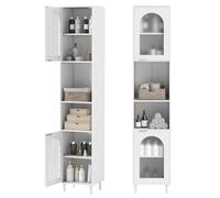 GIANTEX Meuble Colonne Salle de Bain, Armoire Étroit Autoportante 180 cm avec Étagères Réglables, Compartiments Ouverts, Portes en Verre Trempé, Meuble de Rangement pour Salon, Cuisine, Blanc
