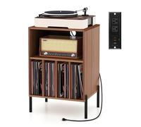 GIANTEX Meuble Platine Vinyle avec Prises, Meuble Tourne Disque pour 150 Albums, 2 Ports USB, 1 Type C, 5 Compartiments, Pieds en Métal, Support de Tourne-Disque, 53 x 45 x 78 CM (Marron Rustique)