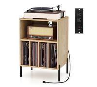 GIANTEX Meuble Platine Vinyle avec Prises, Meuble Tourne Disque pour 150 Albums, 2 Ports USB, 1 Type C, 5 Compartiments, Pieds en Métal, Support de Tourne-Disque, 53 x 45 x 78 CM (Nature)