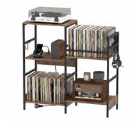 GIANTEX Meuble Platine Vinyle Design | Support de Disque Vinyle 3 Niveaux, avec Pied Réglable, 3 Crochets, Prise, Station de Charge, Table d’Appoint, pour Salon