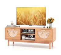 GIANTEX-Meuble TV-120x35x45,5cm-2 Tiroirs-2 Étagères Ouverts-Pieds en pin-Trous pour Câbles-Télévision jusqu'à 55 Pouces-Naturel