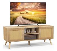 GIANTEX Meuble TV jusqu'à 55 pouces, meuble TV en rotin PE avec 2 armoires et étagères ouvertes, table console avec pieds en bois massif pour salon, chambre à coucher, naturel