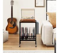 GIANTEX Meuble Vinyle à roulettes avec Poche Latérale, Meuble Vinyle Rangement pour 200 Albums CDs, Cadre en Métal, Support pour Tourne-Disques pour Salon, Salle de Musique (Marron)