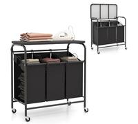 GIANTEX Panier à Linge 3 Sections, Panier à Linge à Roulettes en Métal avec 3 Sacs Amovibles, Planche à Repasser Pliable, Bannette Triple Mobile, 81 x 41 x 87 CM