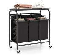 GIANTEX Panier à Linge à Roulettes Verrouillables avec Planche à Repasser Pliable, Chariot de Tri de Linge à 3 Sacs Amovibles
