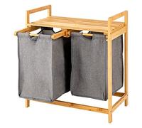 GIANTEX Panier à Linge avec Étagère en Bambou, Bac à Linge avec 2 Compartiments Coulissants, 2 Poignées, Corbeille à Linge Charge 45 KG pour Salle de Bain, Buanderie, Chambre, 64 X 33 X 73 CM (Gris)