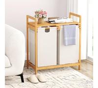 GIANTEX Panier à Linge avec Étagère en Bambou, Bac à Linge avec 2 Compartiments Coulissants, 2 Poignées, Corbeille à Linge Charge 45 KG pour Salle de Bain, Buanderie, Chambre, 64 X 33 X 73 CM (Blanc)