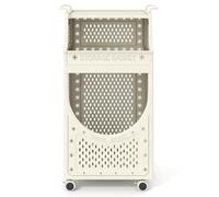 GIANTEX Panier Linge de 61 L, Corbeille a Linge Pliable à 3 Niveaux avec 4 roulettes (2 Freins), 2 Compartiments & 6 Crochets, Meuble de Rangement pour Buanderie, Salle de Bain, Beige