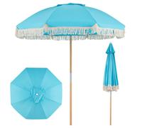 GIANTEX Parasol de Plage 180 CM avec Franges-Inclinable Réglable-Mât en Bois de Hêtre-8 Baleines-Style Bohème-Jardin, Terrasse-Bleu