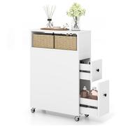 GIANTEX Petit Meuble Salle de Bain 19 cm, 2 Paniers en Rotin, 2 Tiroirs, Porte-Brosse, Petite Armoire Salle de Bain, 4 roulettes Univeselles, Gain de Place, Meuble Rangement pour Salon, Chambre, Blanc