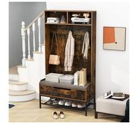 GIANTEX Porte-Manteau 4 en 1 avec Banc à Chaussures, 3 Crochets et Étagère, pour Entrée, Vestiaire, Salon, 90 x 39 x 170 cm, Marron