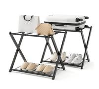 GIANTEX Porte Valise Pliant, Porte-Bagages en Métal, Support Valise/Bagages avec 2 Etages & 4 Sangles, pour Chambre, Hôtel, 68x43x58CM, Noir (2 PC)