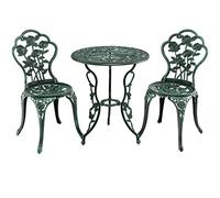 GIANTEX Salon de Jardin 2 Personnes en Fonte Aluminium, Table de Jardin Extérieure avec 2 Chaises, Trou de Parasol, Motif de Rose, Ensemble Table et Chaise pour Bistrot, Terrasse, Balcon (Vert)