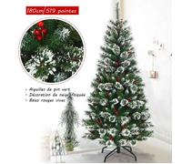 GIANTEX Sapin de Noël Artificiel 1,8 M, 519 Branches, Arbre de Noël avec Neige Floqué et Baies Rouges, non Lumineux, Décor de Fêtes