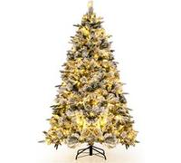 Sapin de Noël Artificiel 215cm COSTWAY 300 Lumières LED Aiguilles de Pin, Charnière avec 1096 Branches Mixtes, Arbre de Noël Floqué