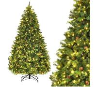 GIANTEX Sapin de Noël Artificiel Lumineux 2,1M- 460 LED Blanc Chaud- 925 Branches et 61 Pommes de Pin,Support en Fer- Vert