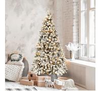 GIANTEX Sapin de Noël Artificiel Lumineux Floqué 180 CM- 250 LED Blanc Chaud- Socle en Fer-600 Branches- Décor de Fête- Blanc