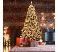 GIANTEX Sapin de Noël Artificiel Lumineux Floqué 225 CM- 450 LED Blanc Chaud- Socle en Fer-1010 Branches- Décor de Fête- Blanc