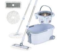 GIANTEX Seau et serpillière, serpillère rotative et serpillère plate en microfibre, manche télescopique, seau essoreur avec roulettes et poignée, 2 coussinets, fonction lavage et séchage (ensemble)