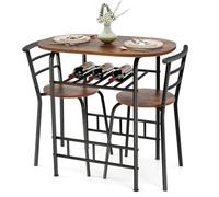 GIANTEX Set de salle à manger 3 pièces, 1 petite table ovale et 2 chaises, avec porte-bouteilles, plateau de table avec grain du bois, cadre robuste en métal (naturel) (café)
