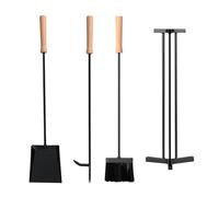 GIANTEX Set d'ustensiles de cheminée 4 pièces, actionneur, pelle à cendre, balai et support en métal, lot de 4 outils de cheminée, poignées ergonomiques en hêtre, pour poêle à bois, noir