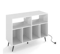 GIANTEX Support de Platine Vinyle Debout, Grand Plan de Travail, 6 Compartiments, Armoire à Disques Vinyles, Kit Anti-Basculement, pour Salon, Chambre (Blanc, avec Station de Charge)